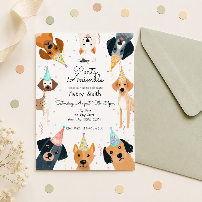 Cute dog birthday invite, puppy party invitation, and dog pawty printable with illustrated dogs