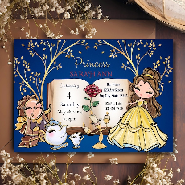 Belle Princess Invitation| blue Beauty and the Beast Inspired Birthday| Instant DOWNLOAD