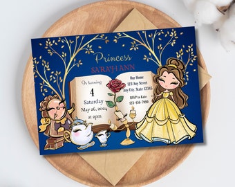 Belle Princess Invitation| blue Beauty and the Beast Inspired Birthday| Instant DOWNLOAD