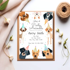 Cute dog birthday invite, puppy pawty invitation, printable party template with illustrated dogs
