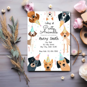 Editable Canva dog birthday invitation, puppy pawty party invite with cute illustrated dogs and customizable event details.