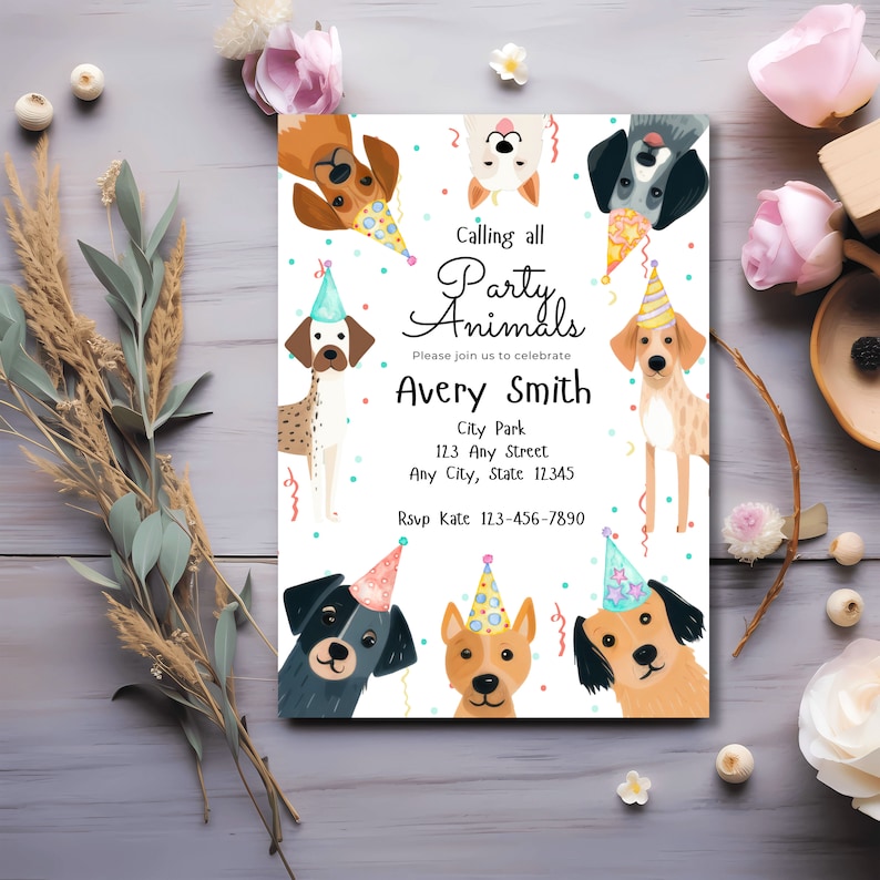 Editable Canva dog birthday invitation, puppy pawty party invite with cute illustrated dogs and customizable event details.