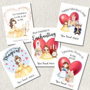 Tarjetas de San Valentín de la Princesa Bella/Etiquetas de San Valentín de La Bella y la Bestia inspiradas en Disney/San Valentín editables/Descarga instantánea