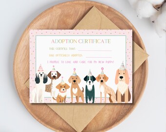 Dog pawty decor/doggie adoption certificate/dog gift tag