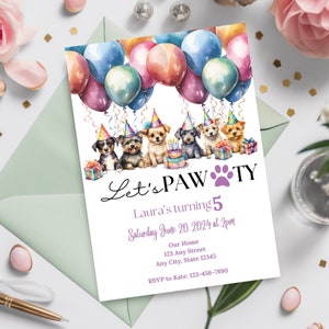 Watercolor Dog Party Invitation| Let’s Pawty Invite| Editable invitation| instant DOWNLOAD