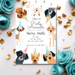 Editable dog birthday invitation featuring six illustrated dogs in party hats, colorful confetti, and playful script text.