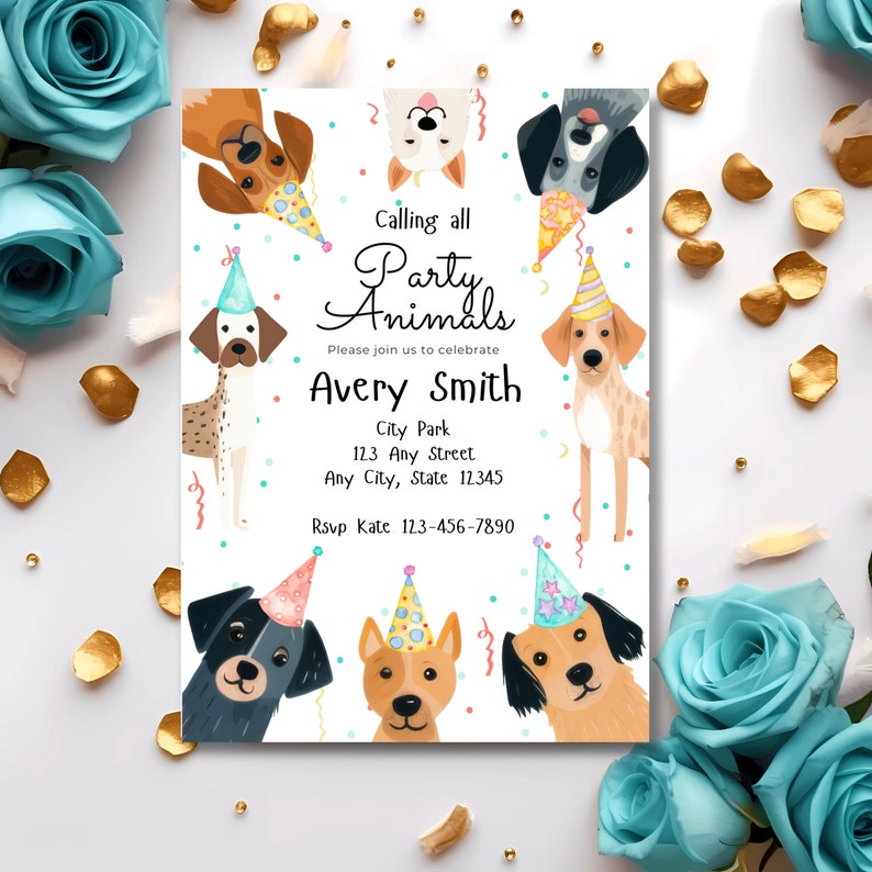 Editable dog birthday invitation featuring six illustrated dogs in party hats, colorful confetti, and playful script text.
