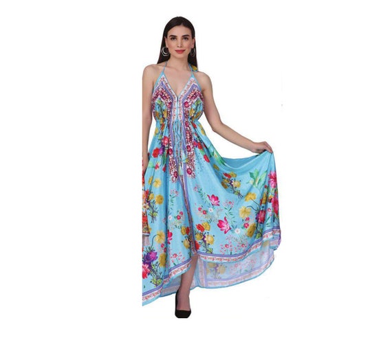 Women's Maxi High-Low Halter Handkerchief Summer Beach Party Sun Dress
