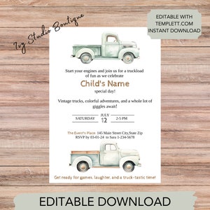 Vintage Truck Childs Party Invitation, Vintage Truck Theme, Soft green, Party invitation, Printable template Digital Instant download