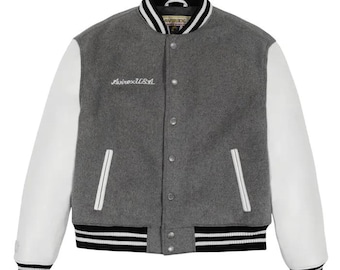 Men’s Avirex Wool Heather Grey Leather Varsity Jacket – Merino Wool & Leather, Chest Logo, Striped Rib Trim