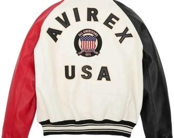 Men’s Avirex USA Icon Leather Jacket – American Flag Colors, Side Pocket