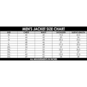 May include: A black and white Men's Jacket Size Chart. The chart includes sizes XS to 6XL, with chest measurements from 42 to 69 inches, waist measurements from 40 to 65 inches, shoulder measurements from 19.5 to 24 inches, and sleeve lengths from 23.5 to 28 inches.