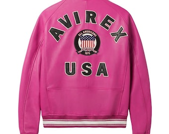 Chaqueta bomber de cuero rosa Avirex: abrigo de aviador vintage, ropa de calle de EE. UU.
