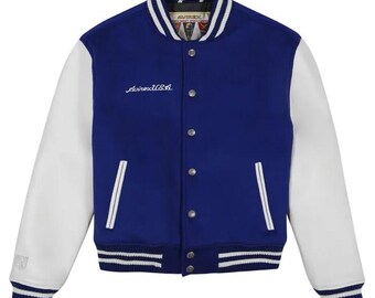 Avirex Wool Mazarine Blue Leather Varsity Jacket – Merino Wool & Leather, Chest Logo, Ribbed Trim
