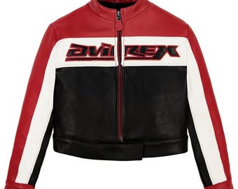 Women’s Avirex Cropped Script Leather Varsity Jacket – “A” Crest Patch, Stripe Detailing, Avirex Hardware