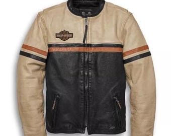 Harley-Davidson Adventure Motorcycle Jacket – Cream Handmade Adjustable Leather Biker Jacket