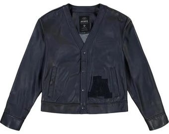 Men’s Avirex Leather Cardigan – 100% Genuine Leather, Button-Up Front, Ribbed Cuffs & Hem
