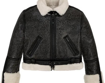 Avirex Cropped Shearling Leather Aviator Jacket – Warm Vintage Style, Zippered Pockets, Classic Avirex Hardware