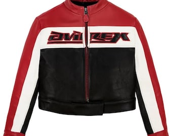 Women's Avirex Cropped Leather Colorblock Moto Jacket – Biker Style, Logo Detail