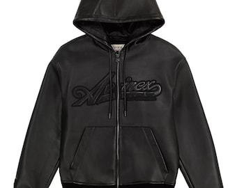 Men’s Avirex Black Nappa Leather Hoodie – Premium Leather, Modern Hoodie Style, Avirex Logo