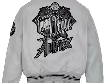 Men’s Avirex Limited Edition Grey Twin Dragon Leather Jacket – Premium Leather, Embroidered Back, Avirex Hardware