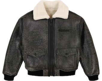 Men’s Avirex Shearling Real Fur Leather B-3 Bomber Jacket – Logo Chest, Shearling Collar, Ribbed Trim