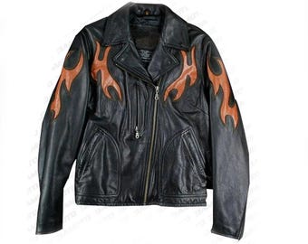 Harley-Davidson Women's Black Leather Biker Jacket with Flame Accents – Motorcycle Style