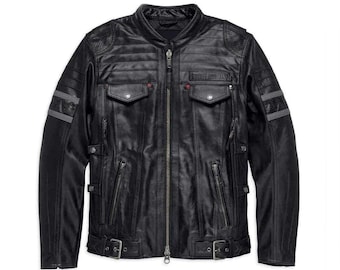 Harley-Davidson Men's Leather Biker Jacket – Triple Vent System, Reflective Stripes, Armor Pockets