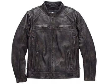 Harley-Davidson Men’s Dauntless Convertible 2-in-1 Leather Jacket – Black Handmade Adjustable Biker Jacket