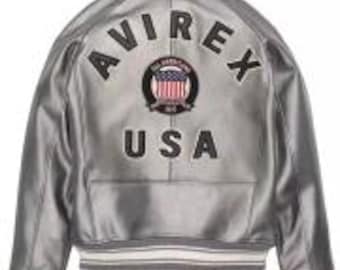 Men’s Avirex Icon Silver Leather Bomber Jacket – Premium Metallic Leather, Rib-Knit Trim, Avirex Logo