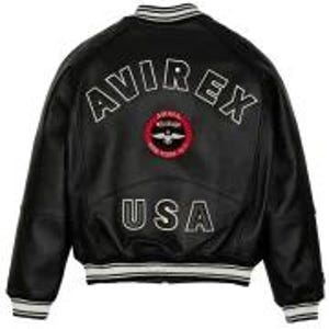 May include: Black leather bomber jacket with white trim on the collar, cuffs, and hem. The back features the text "AVIREX" above a circular patch and "USA" below. The jacket has a classic, sporty design.