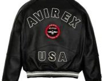 Men’s Avirex Leather Track Jacket – Genuine Lamb Leather, Avirex Lining Art, Front Zip Closure