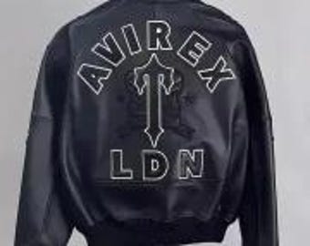 Trapstar x Avirex Men’s Black Icon London Lambskin Leather Bomber Jacket – Ribbed Trim, Classic Fit, Logo Detail
