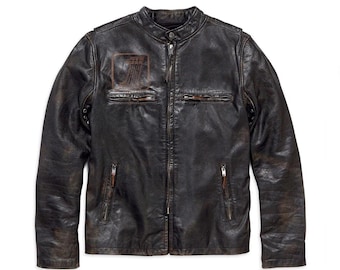 Harley-Davidson Distressed Slim Fit Leather Biker Jacket – Cowhide Armor Pockets