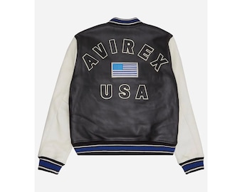 Men's Avirex Leather Varsity Jacket – Quilted Lining, Rib-Knit Collar Snap Closure
