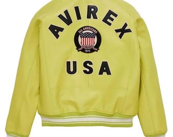 Men’s Avirex Icon Yellow Leather Jacket – Bold Color, Rib-Knit Trim, Side Pockets, Front Zip Closure