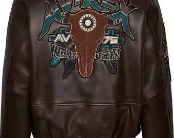 Men’s Avirex Brown American Buffalo Legends Leather Bomber Jacket – Premium Leather, Classic Design, Logo Artwork