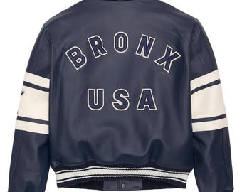 Men's Avirex Bronx Varsity Blue Leather Jacket – Limited Edition NY Patch, Ribbed Cuffs