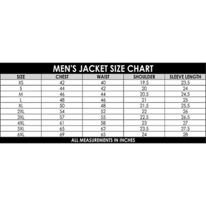 Puede incluir: Una tabla de tallas de chaquetas para hombre en blanco y negro. La tabla incluye tallas XS a 6XL, con medidas de pecho de 106,7 a 175,3 cm, medidas de cintura de 101,6 a 165,1 cm, medidas de hombros de 49,5 a 61 cm y largos de manga de 59,7 a 71,1 cm.