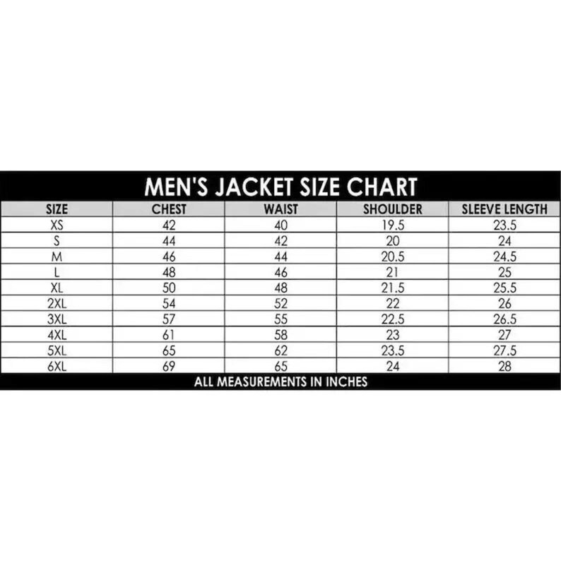 Puede incluir: Una tabla de tallas de chaquetas para hombre en blanco y negro. La tabla incluye tallas XS a 6XL, con medidas de pecho de 106,7 a 175,3 cm, medidas de cintura de 101,6 a 165,1 cm, medidas de hombros de 49,5 a 61 cm y largos de manga de 59,7 a 71,1 cm.