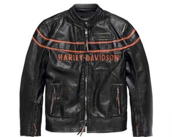 Harley-Davidson Men’s Slim Fit Leather Biker Jacket – Double Ton Branding, Zippered Pockets
