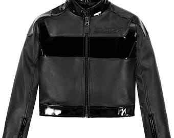 Women’s Avirex Black Patent Cropped Leather Biker Jacket – Moto Style, Zippered Cuffs, Avirex Hardware