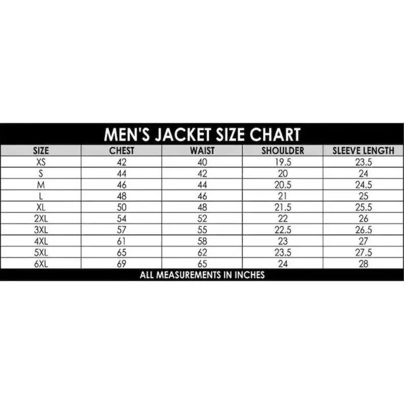 K&ouml;nnte beinhalten: Eine schwarz-wei&szlig;e Gr&ouml;&szlig;entabelle f&uuml;r Herrenjacken. Die Tabelle enth&auml;lt die Gr&ouml;&szlig;en XS bis 6XL, mit Brustma&szlig;en von 106,7 bis 175,3 cm, Taillenma&szlig;en von 101,6 bis 165,1 cm, Schulterma&szlig;en von 49,5 bis 61 cm und &Auml;rmell&auml;ngen von 59,7 bis 71,1 cm.