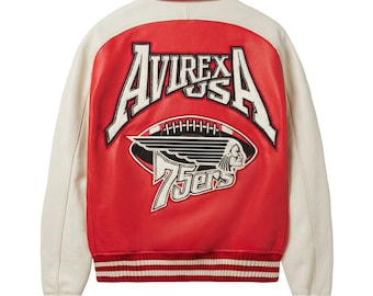 Handgemachte Avirex Varsity Jacke aus den 75ern mit besticktem Chenille Logo im Bomberjacken Stil