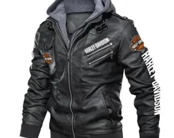 Harley-Davidson Men's Black Leather Biker Hoodie Jacket – Handmade Motorcycle Outerwear