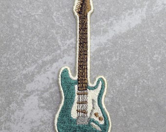 Electric Guitar Embroidered Patch, Iron On Sew On Embroidered Appliqué I, Teal Green