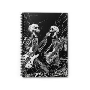 May include: Spiral-bound notebook featuring a black and white illustration of two skeleton figures playing electric guitars against a backdrop of lightning. The text "Textured Heart" is printed at the top.