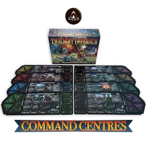 May include: A board game set, "Twilight Imperium", with a box and multiple game board tiles. The box features a colorful illustration with the game's title. The game boards are black with various colored geometric shapes and text. The banner at the bottom reads "COMMAND CENTRES."