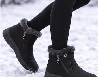 フェイクファー裏地付き防水アンクルブーツ（女性用）、暖かい冬用スノーブーツ、ローヒール快適アウトドアシューズ、スタイリッシュな耐候性フットウェア