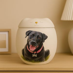 Urna con retrato de mascota personalizado y pintado a mano: un monumento moderno para cenizas de perro